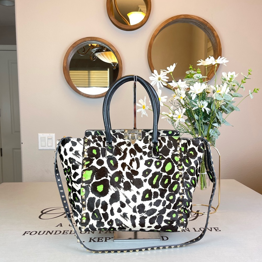Authentic Valentino Animal Print Tote Bag Black Green Leather Large